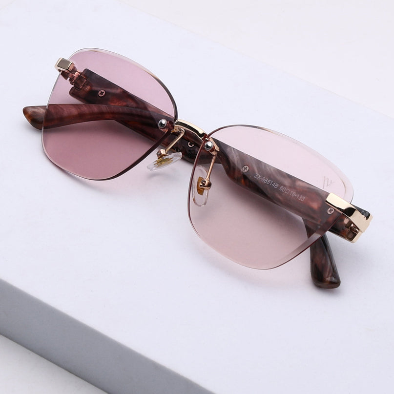 Rimless Photochromic Sunglasses for Men & Women (Pink Lens | Golden Frame - MG7806)