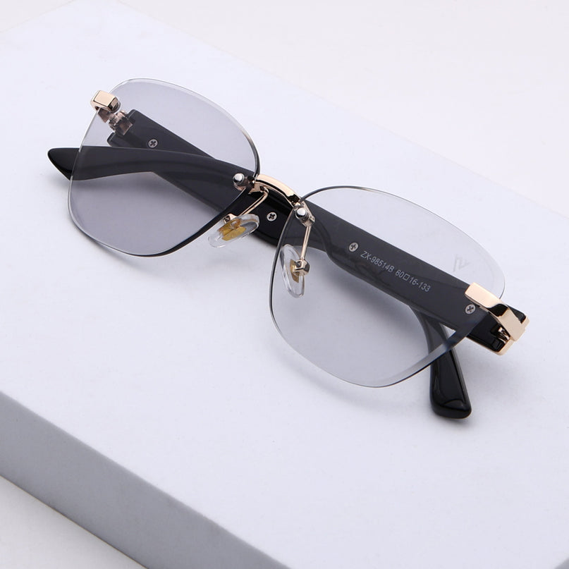 Rimless Photochromic Sunglasses for Men & Women (Light Black Lens | Golden Frame - MG7809)