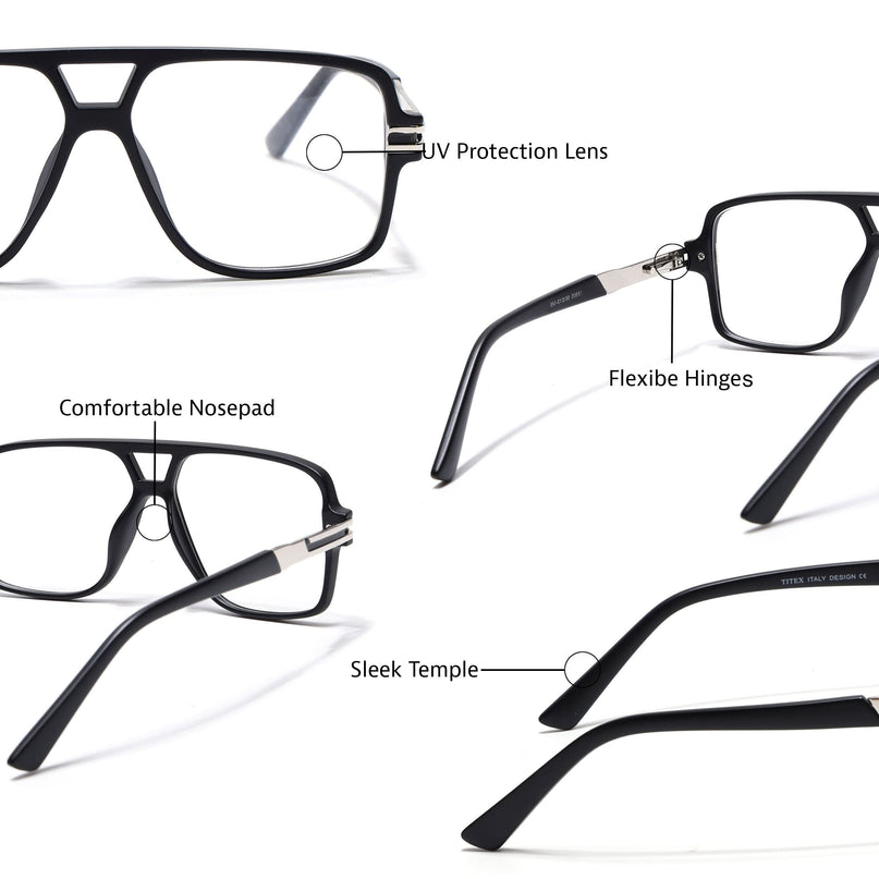 EyeJack Titex Matt Black & Silver Wayfarer Eyeglasses for Men & Women (18905CL281-C1)