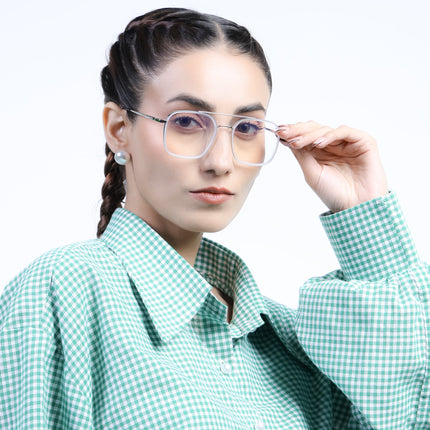 Eyejack Aura Silver & Transparent Wayfarer Eyeglasses for Men & Women (19004FCL1969-C6)