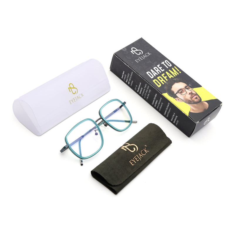 Eyejack Sea Green & Grey Square Eyeglasses for Men & Women (2501FCL1542-C5)
