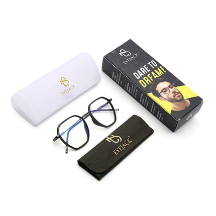 Eyejack Black & Grey Hexagonal Eyeglasses for Men & Women (2503FCL1557-C1)