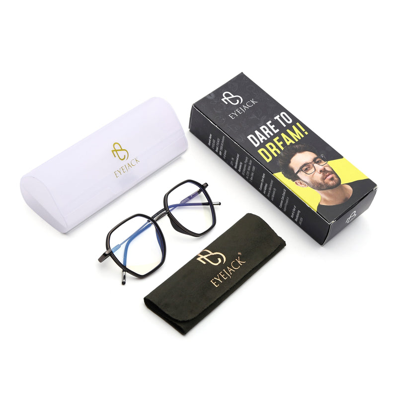 Eyejack Black & Grey Hexagonal Eyeglasses for Men & Women (2503FCL1557-C1)
