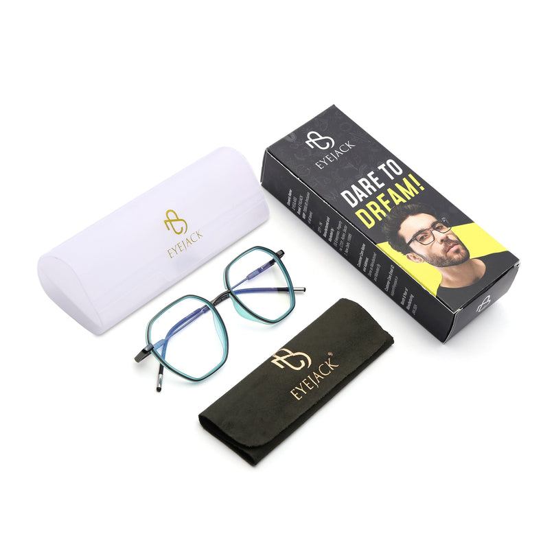 Eyejack Sea Green & Grey Hexagonal Eyeglasses for Men & Women (2503FCL1561-C5)