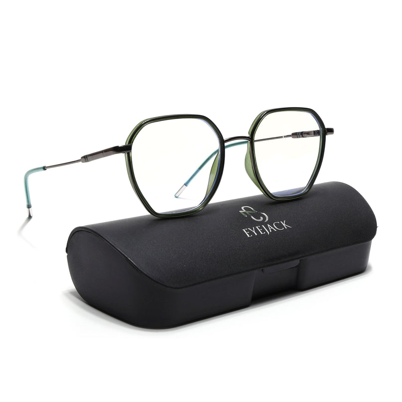 Eyejack Olive & Grey Hexagonal Eyeglasses for Men & Women (2503FCL1564-C8)