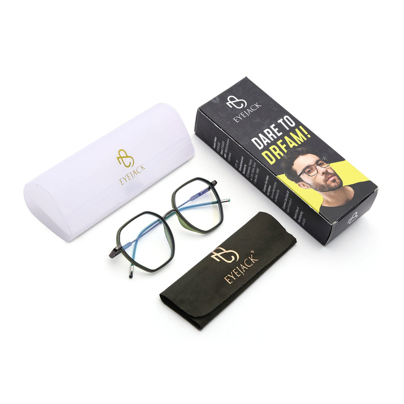 Eyejack Olive & Grey Hexagonal Eyeglasses for Men & Women (2503FCL1564-C8)