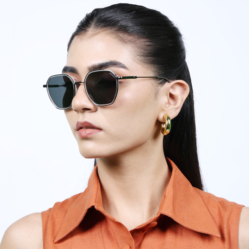 Eyejack Transparent & Grey Hexagonal Polarized Sunglasses for Men & Women (2503PCL1487)