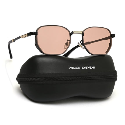 Rectangle Sunglasses for Men & Women (Pink Lens | Black & Golden Frame - MG7843)