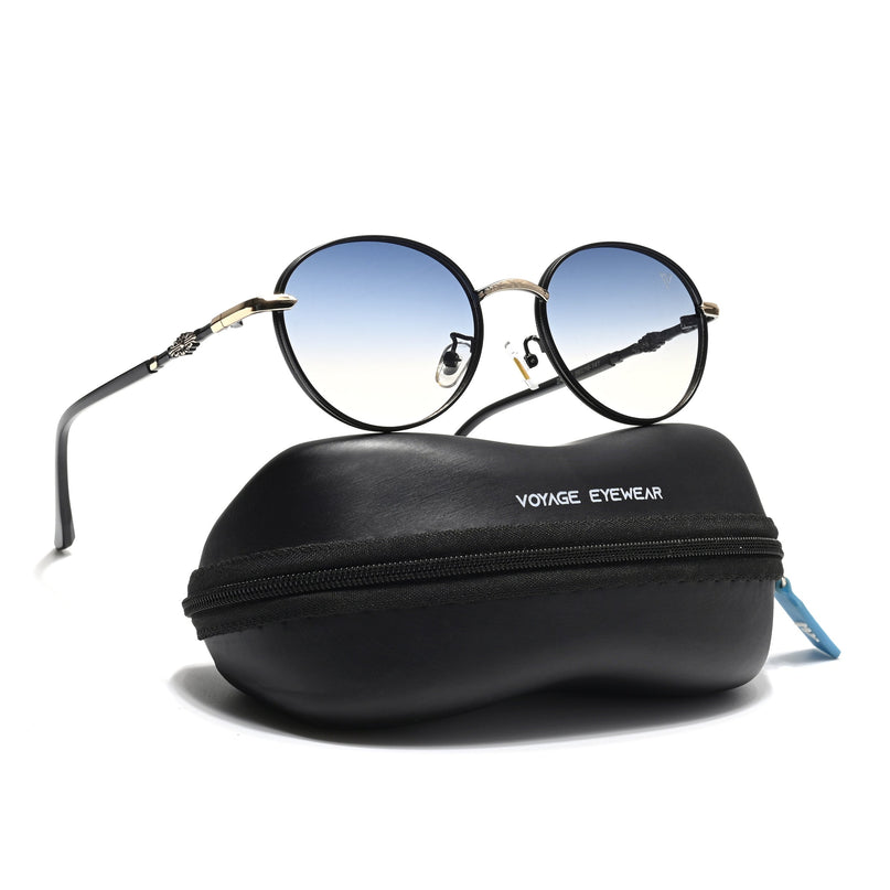 Shadow | Black & Gloden Round Sunglasses | Blue & Clear Lens - MG6729
