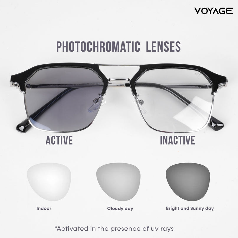 Voyage photochromic Silver & Black Wayfarer Eyeglasses for Men & Women - MG5076-C2