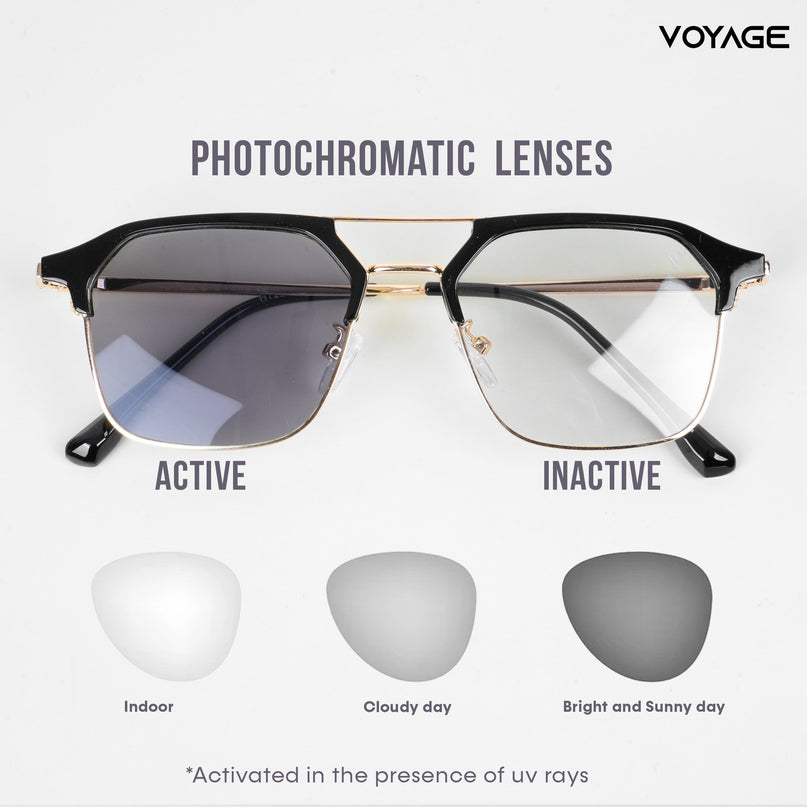 Voyage photochromic Golden & Black Wayfarer Eyeglasses for Men & Women - MG5075-C1