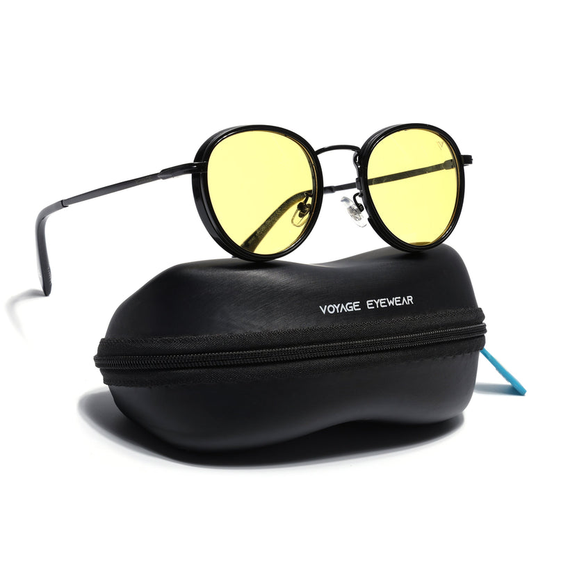 Round Polarized Sunglasses for Men & Women (Yellow Lens | Black Frame - PMG7251)