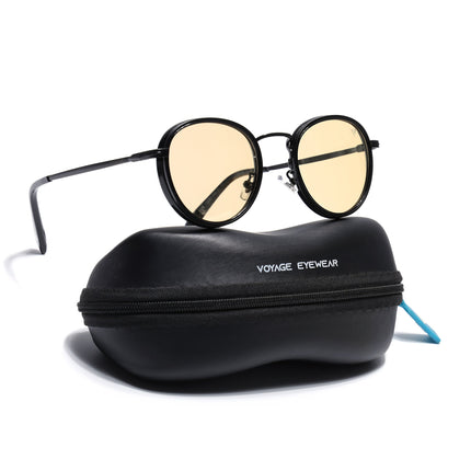 Round Polarized Sunglasses for Men & Women (Light Yellow Lens | Black Frame - PMG7252)