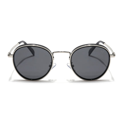 Round Polarized Sunglasses for Men & Women (Black Lens | Silver & Black Frame - PMG7516)