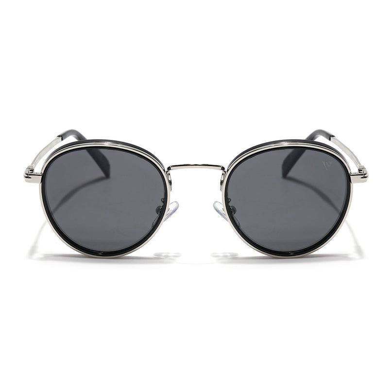 Round Polarized Sunglasses for Men & Women (Black Lens | Silver & Black Frame - PMG7516)