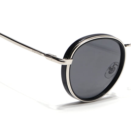 Round Polarized Sunglasses for Men & Women (Black Lens | Silver & Black Frame - PMG7516)