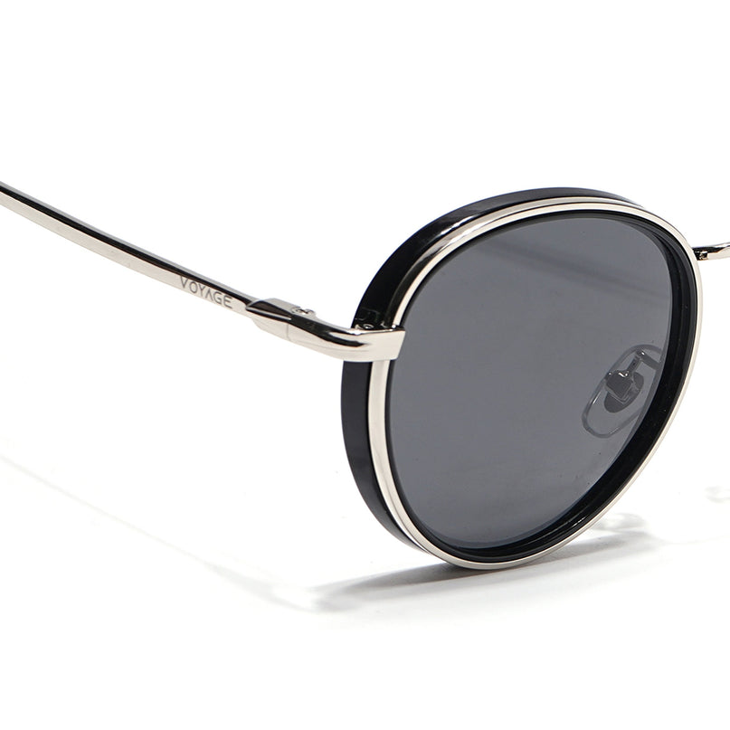 Round Polarized Sunglasses for Men & Women (Black Lens | Silver & Black Frame - PMG7516)