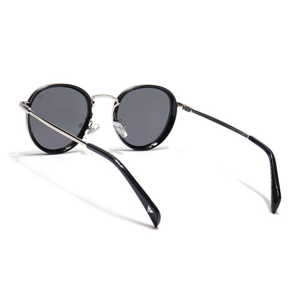 Round Polarized Sunglasses for Men & Women (Black Lens | Silver & Black Frame - PMG7516)
