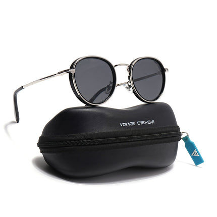 Round Polarized Sunglasses for Men & Women (Black Lens | Silver & Black Frame - PMG7516)
