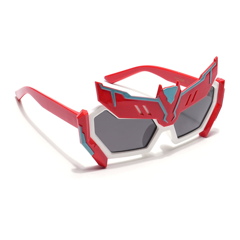 Rectangle Polarized Sunglasses for Kids -6 yrs To 12 yrs (Black Lens | Red & White Frame - PMG6078)