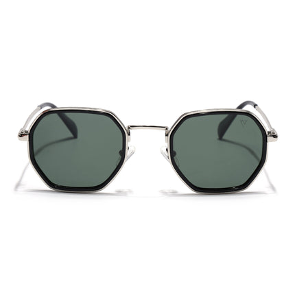 Geometric Sunglasses for Men & Women (Olive Lens | Silver & Black Frame - PMG7577)