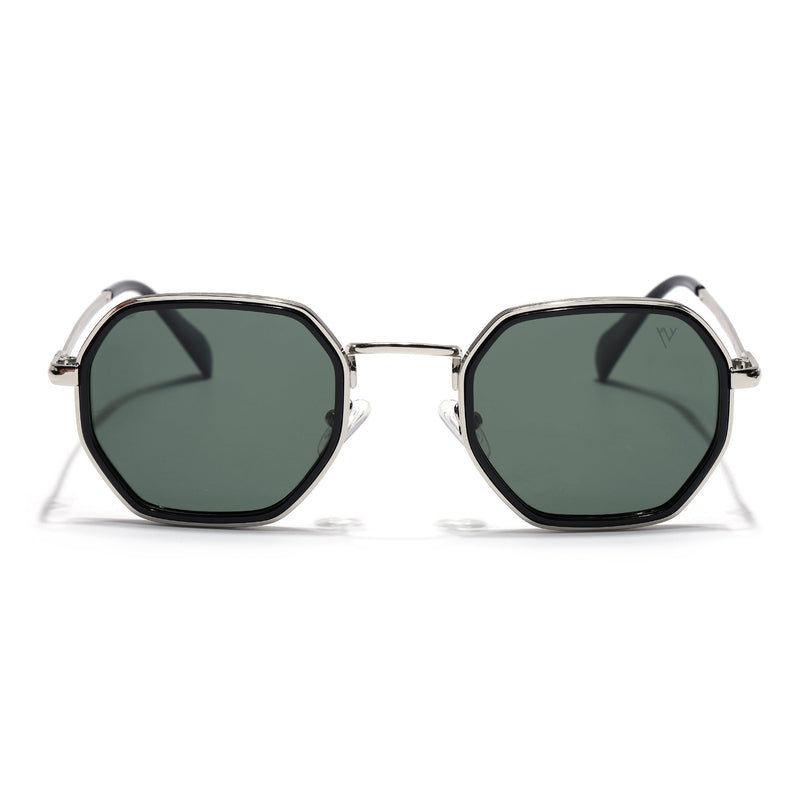 Geometric Sunglasses for Men & Women (Olive Lens | Silver & Black Frame - PMG7577)