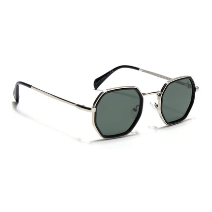 Geometric Sunglasses for Men & Women (Olive Lens | Silver & Black Frame - PMG7577)