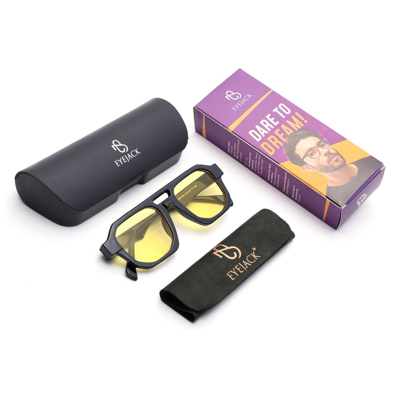 Eyejack Solar Square Sunglasses for Men & Women (Yellow Lens | Shine Black Frame - 3753CL508-C3)
