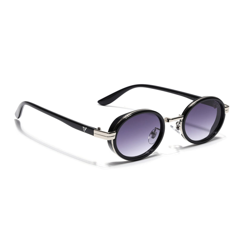 Ovel Sunglasses for Men & Women (Grey & Clear Lens | Silver & Black Frame - MG7350)