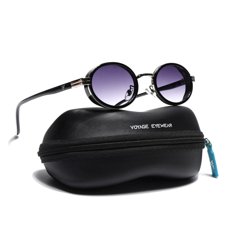 Ovel Sunglasses for Men & Women (Grey & Clear Lens | Silver & Black Frame - MG7350)