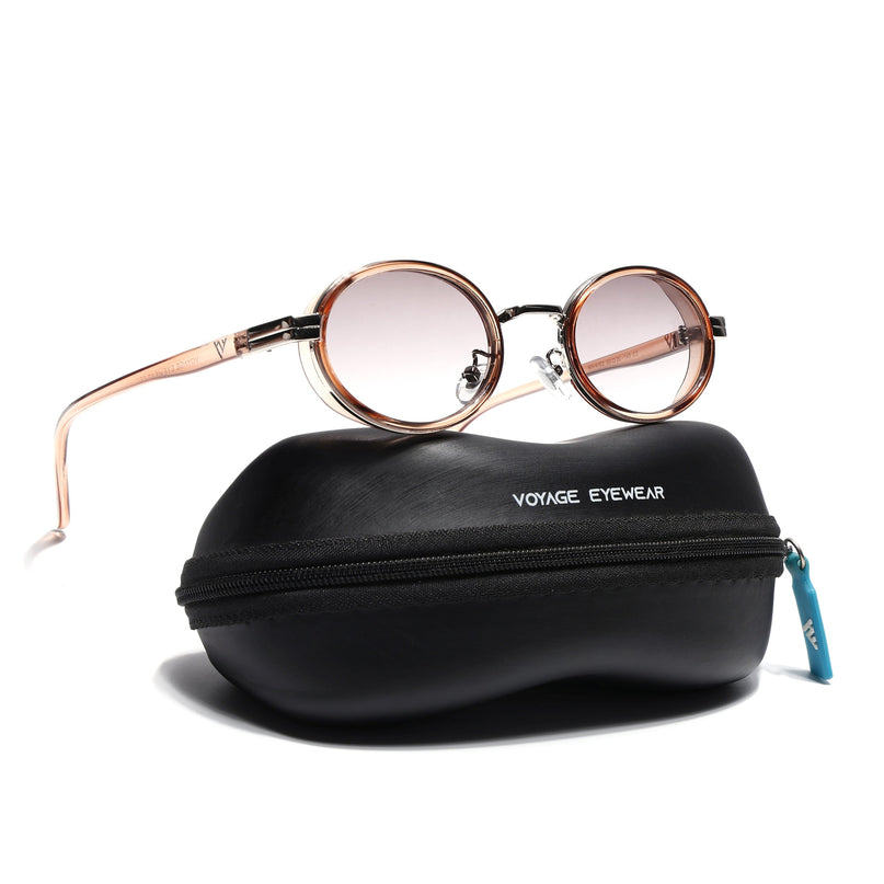 Ovel Sunglasses for Men & Women (Light Brown & Clear Lens | Silver Brown Frame - MG7352)