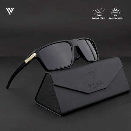 Jaxor | Matte Black & Golden Rectangle Polarized Sunglasses - PMG3969