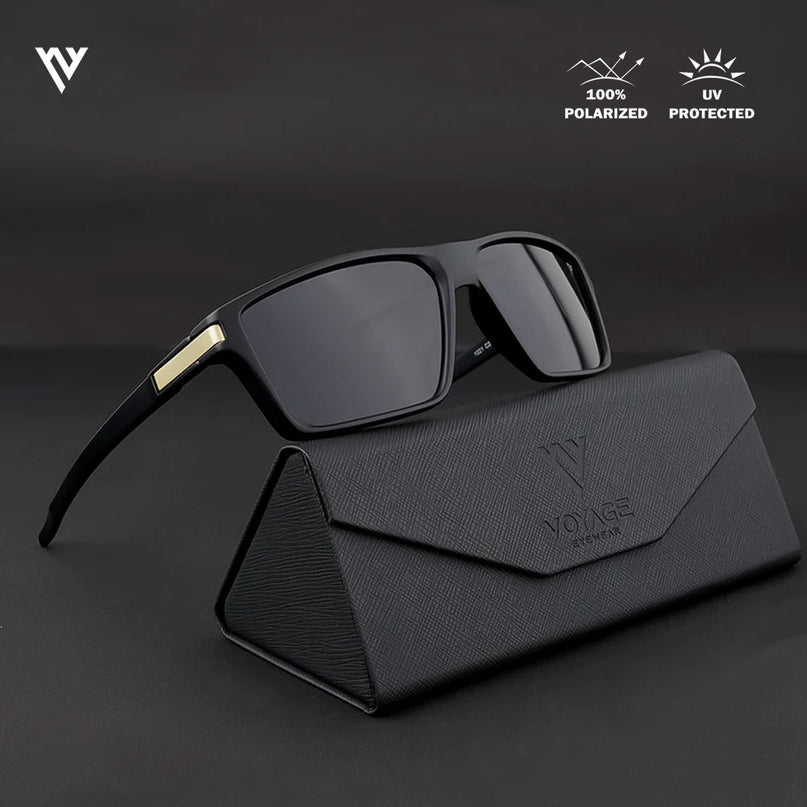 Jaxor | Matte Black & Golden Rectangle Polarized Sunglasses - PMG3969