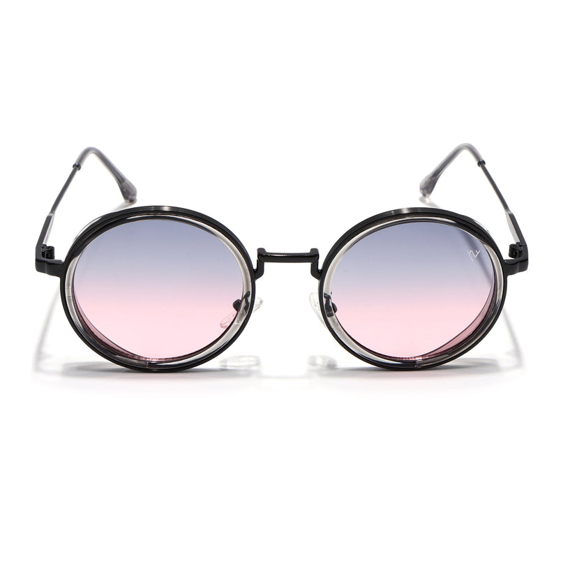 Round Sunglasses for Men & Women (Grey & Pink Lens | Black & Transparent Frame - MG7117)