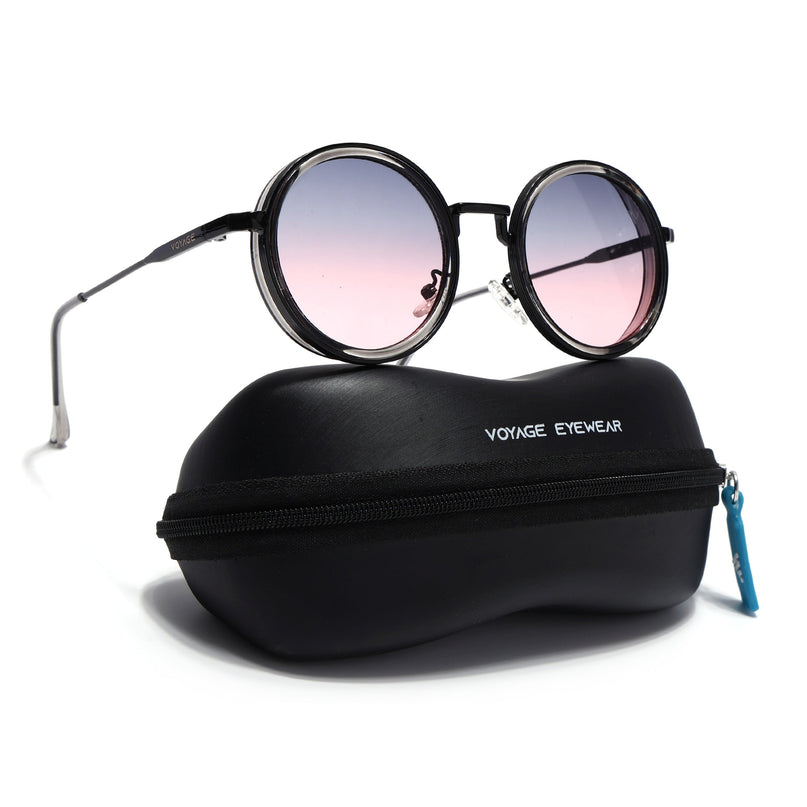 Round Sunglasses for Men & Women (Grey & Pink Lens | Black & Transparent Frame - MG7117)