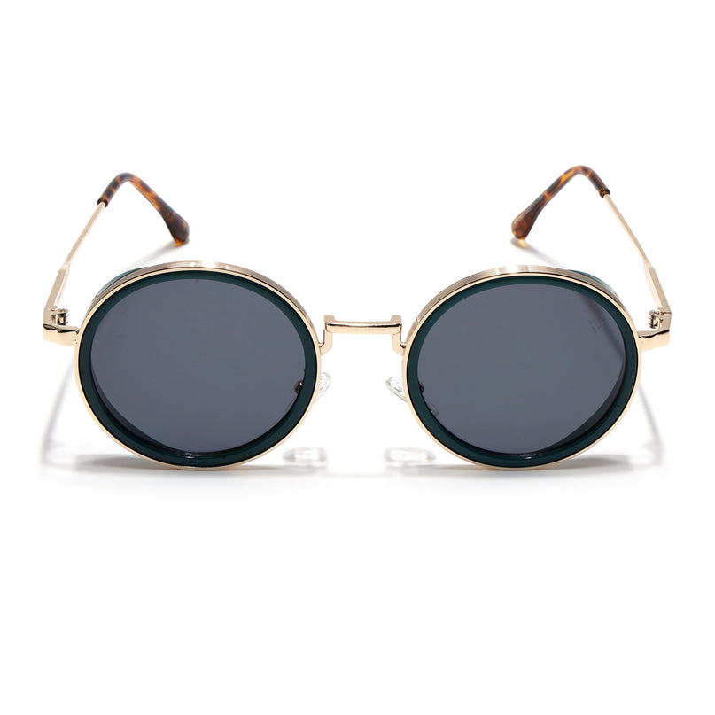 Round Sunglasses for Men & Women (Black Lens | Golden & Green Frame - MG7119)