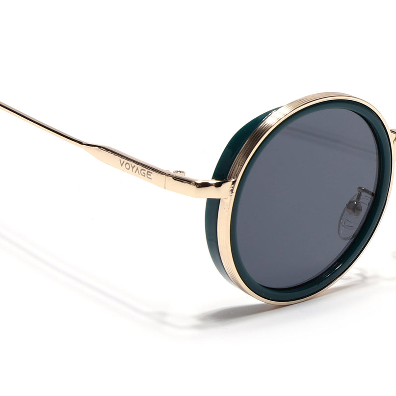 Round Sunglasses for Men & Women (Black Lens | Golden & Green Frame - MG7119)