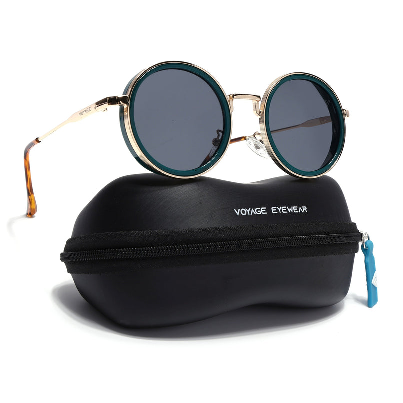 Round Sunglasses for Men & Women (Black Lens | Golden & Green Frame - MG7119)