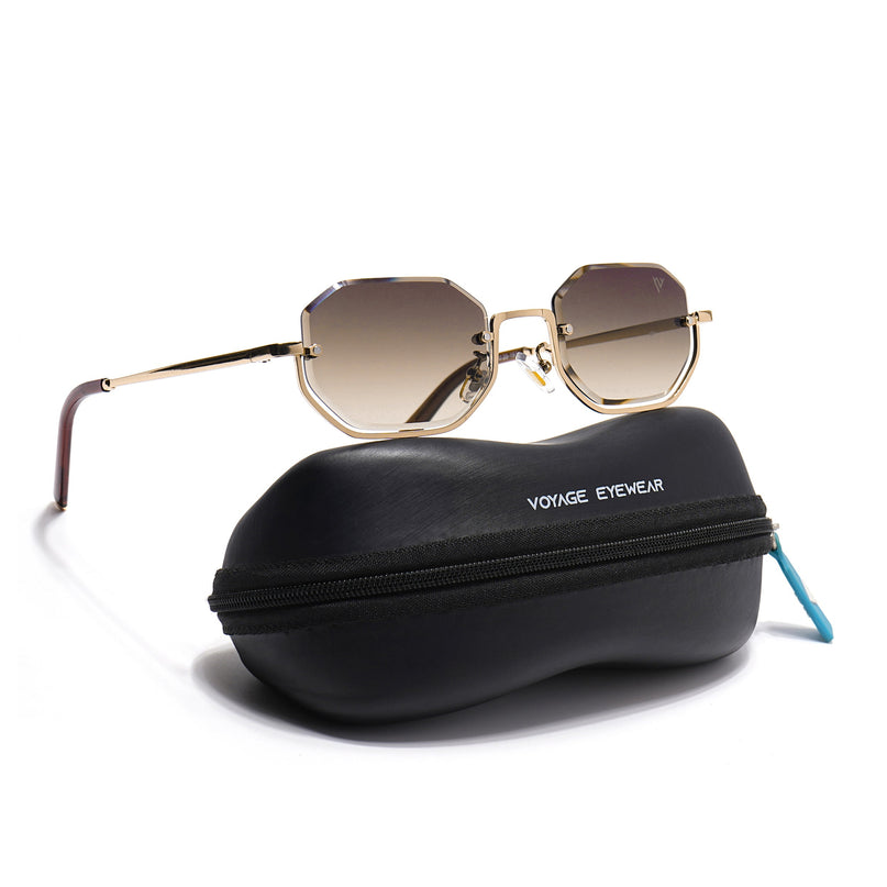 Hexagonal Sunglasses for Men & Women (Brown & Clear Lens | Golden Frame - MG7512)
