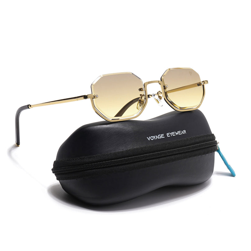 Hexagonal Sunglasses for Men & Women (Light Brown & Clear Lens | Golden Frame - MG7513)