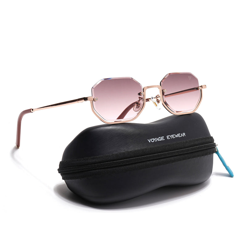 Hexagonal Sunglasses for Men & Women (Pink & Clear Lens | Golden Frame - MG7514)