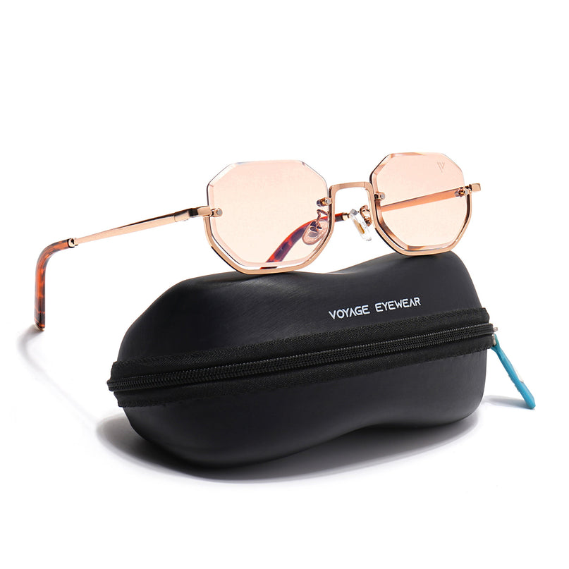 Hexagonal Sunglasses for Men & Women (Light Pink Lens | Golden Frame - MG7515)