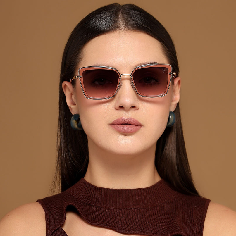 Cateye Sunglasses (Brown & Pink Lens | Golden & Nude Frame - MG6018)