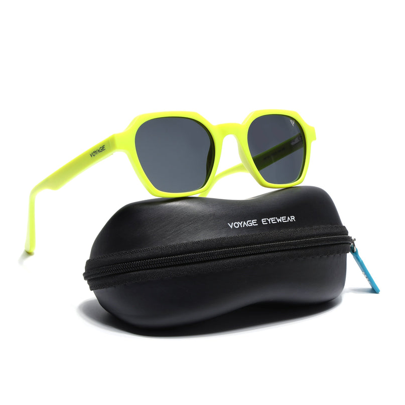 Round Polarized Sunglasses for Men & Women (Black Lens | Neon Yellow Frame - PMG7290)