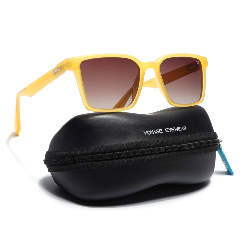 Rectangle Polarized Sunglasses for Men & Women (Brown & Clear Lens | Sun Yellow Frame - PMG7298)