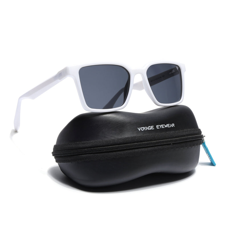 Rectangle Polarized Sunglasses for Men & Women (Black Lens | White Frame - PMG7300)