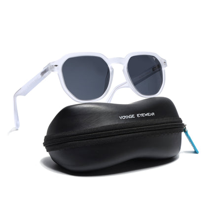 Round Polarized Sunglasses for Men & Women (Black Lens | Transparent Frame - PMG7266)