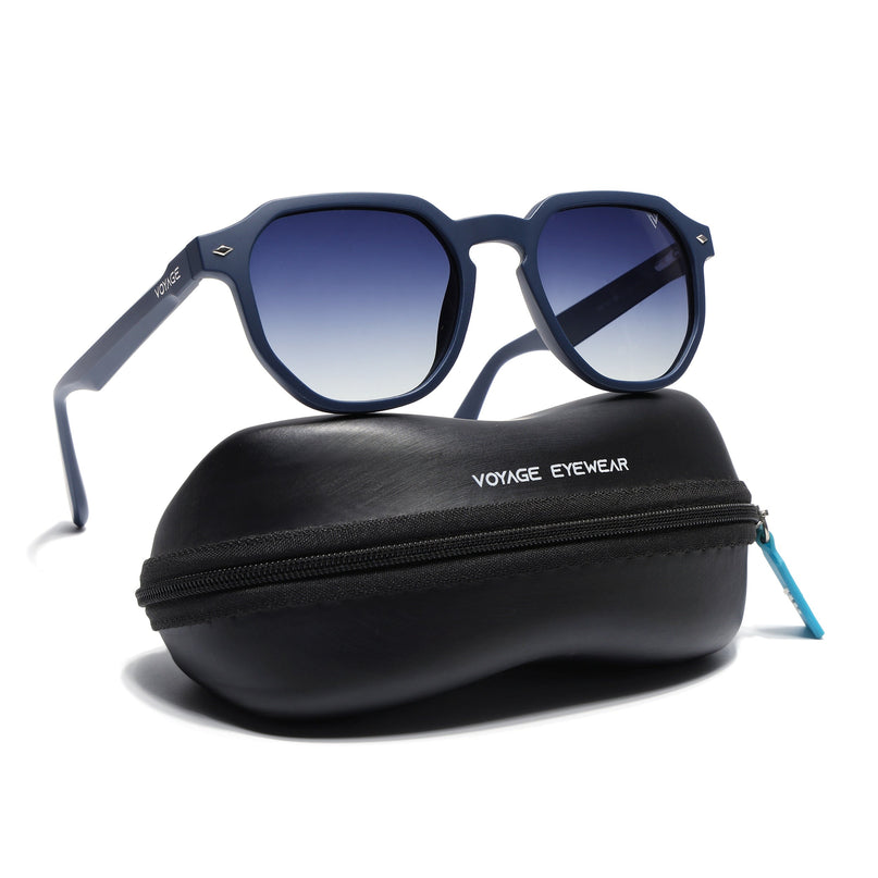 Round Polarized Sunglasses for Men & Women (Grey & Clear Lens | Matt Blue Frame - PMG7267)