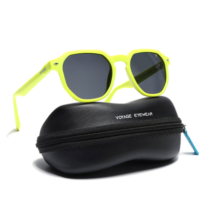 Round Polarized Sunglasses for Men & Women (Black Lens | Neon Yellow Frame - PMG7273)