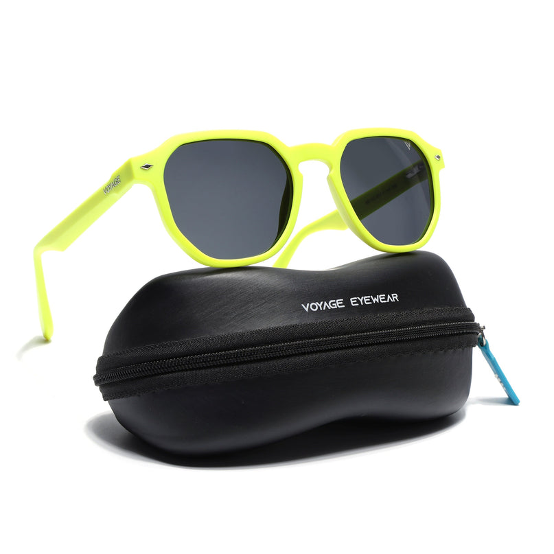 Round Polarized Sunglasses for Men & Women (Black Lens | Neon Yellow Frame - PMG7273)